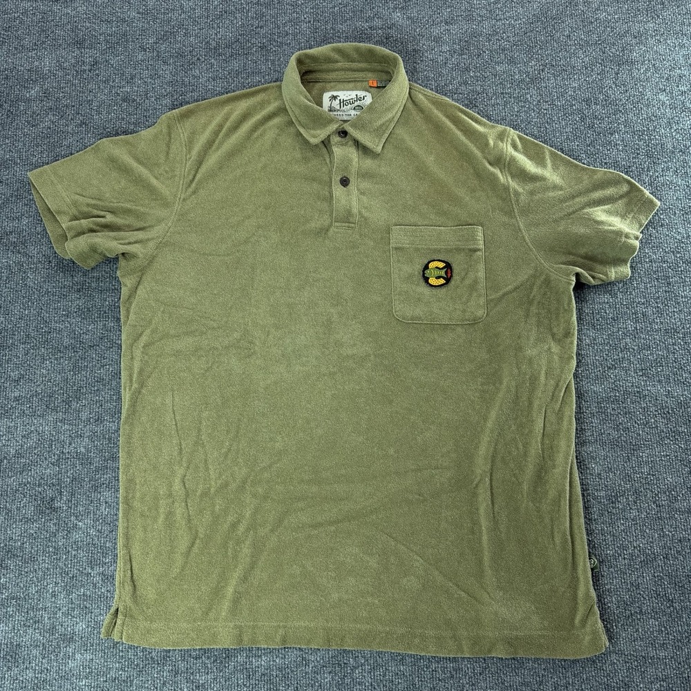 Howler Bros Mens Terry Cloth Polo Shirt Large Olive Green Fish Patch Vacation